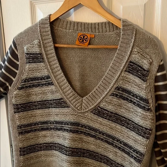 Tory Burch Brown, multicolored strip V-Neck Sweater - Picture 3 of 5